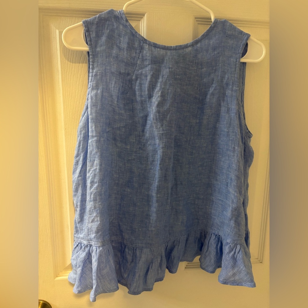 Vineyard Vines Blue Sleeveless Ruffle Hem Linen Blend Top